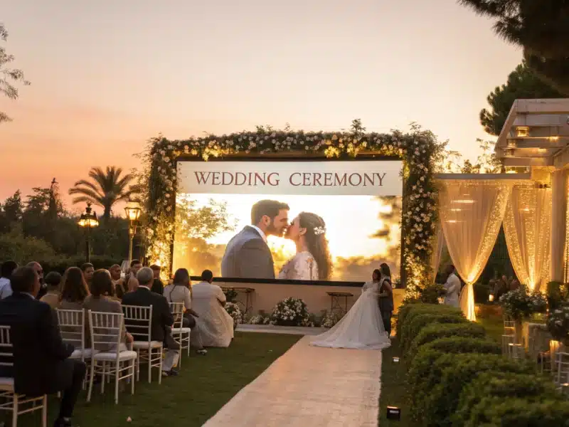 Un mariage en plein air avec un écran géant diffusant un diaporama romantique des mariés au coucher du soleil.