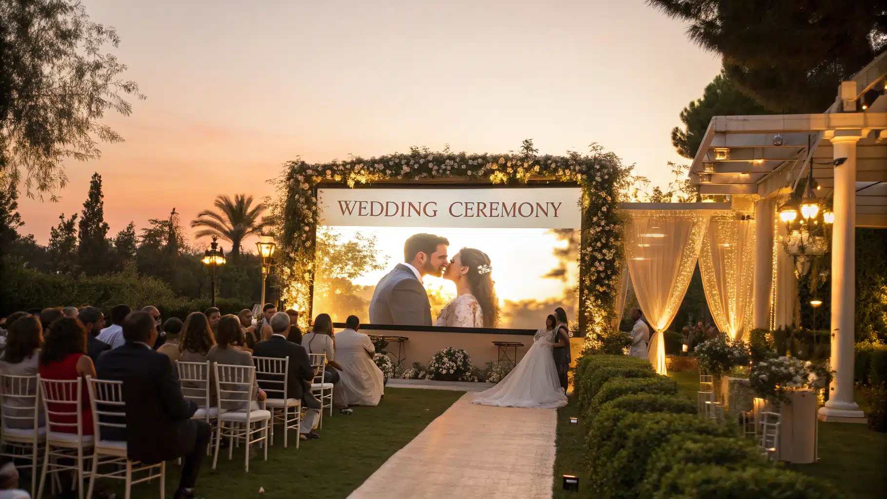 Un mariage en plein air avec un écran géant diffusant un diaporama romantique des mariés au coucher du soleil.